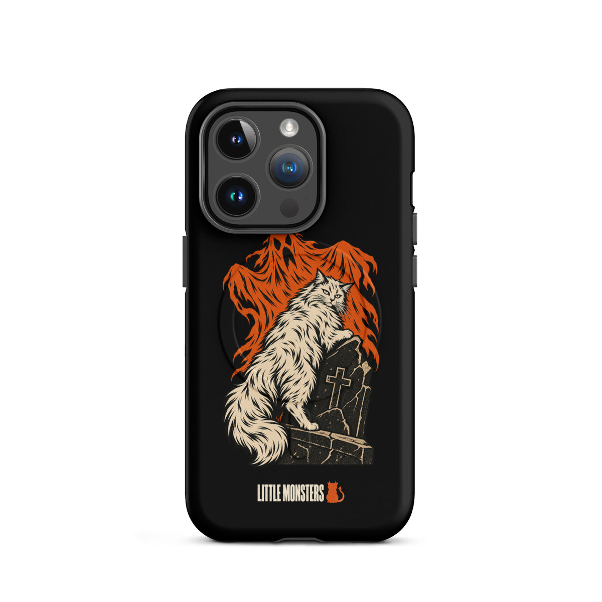 Halloween 2026 graveyard cat MagSafe tough case on an iPhone 14 Pro, front view