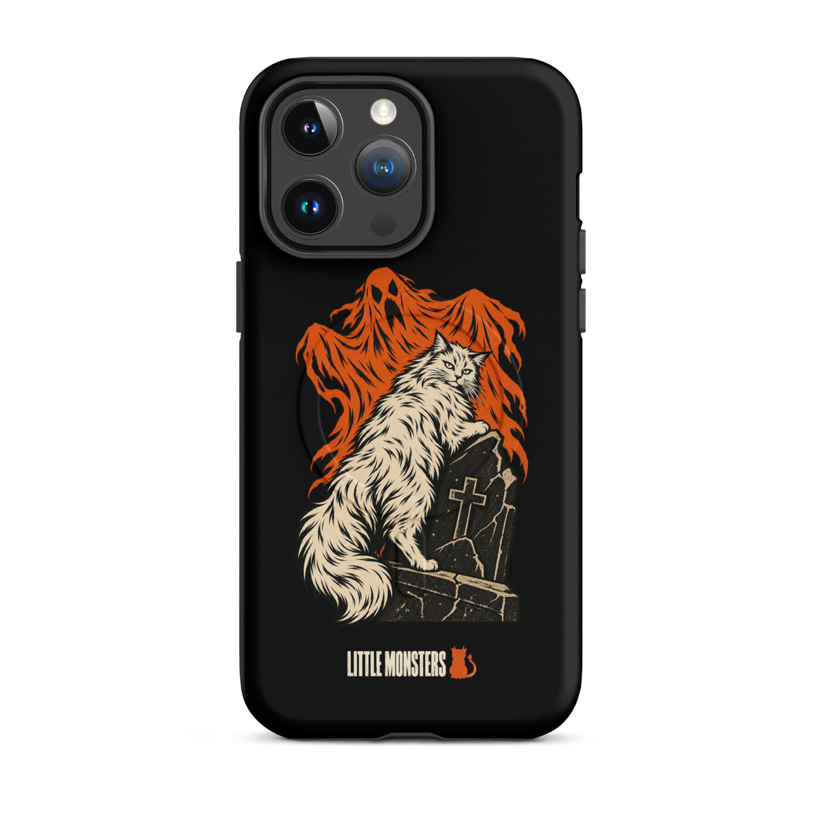 Halloween 2026 graveyard cat MagSafe tough case on an iPhone 14 Pro Max, front view