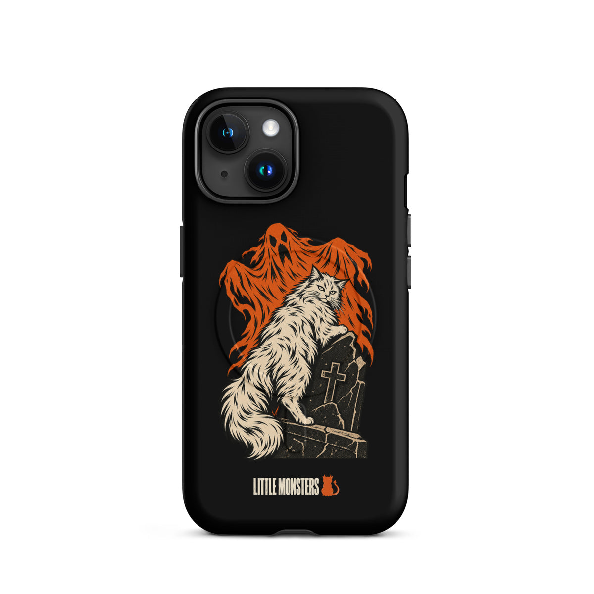 Halloween 2026 graveyard cat MagSafe tough case on an iPhone 15, front view