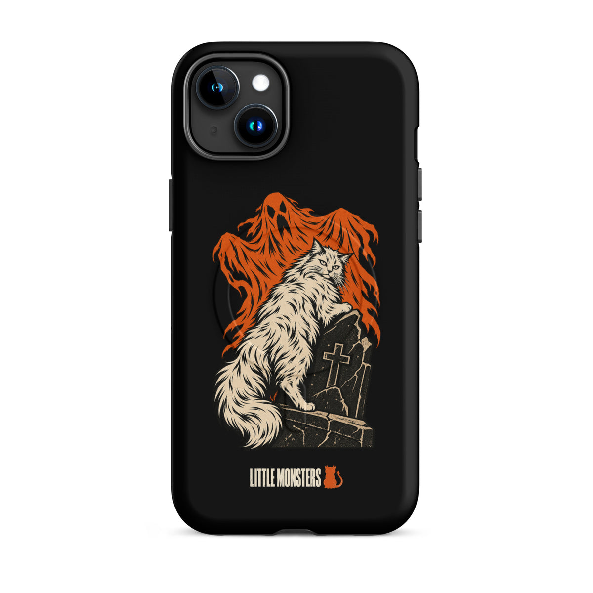 Halloween 2026 graveyard cat MagSafe tough case on an iPhone 15 Plus, front view