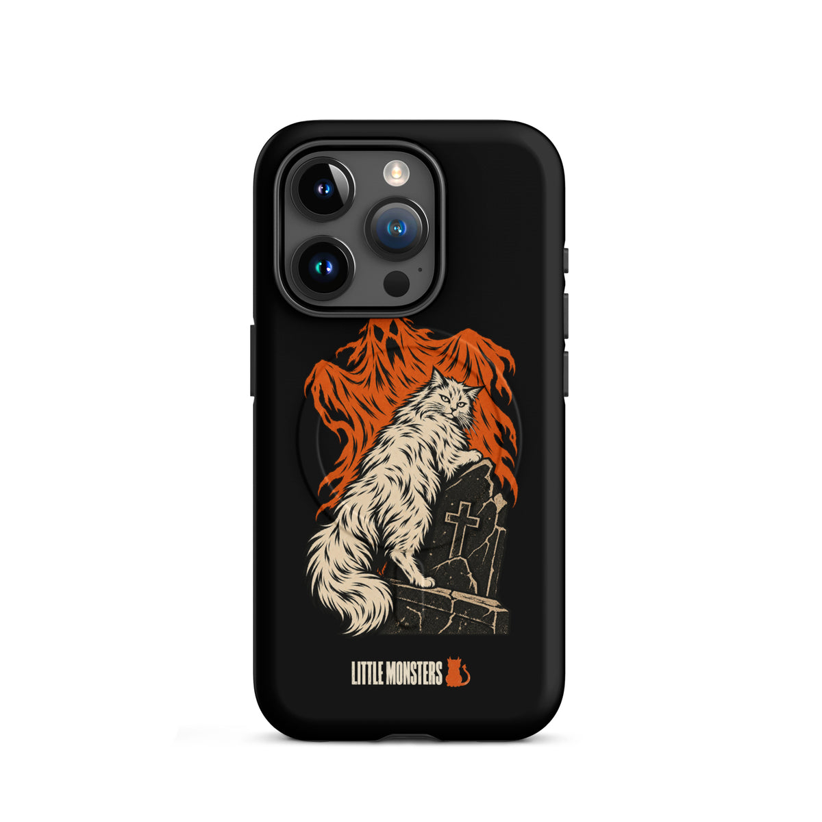 Halloween 2026 graveyard cat MagSafe tough case on an iPhone 15 Pro, front view