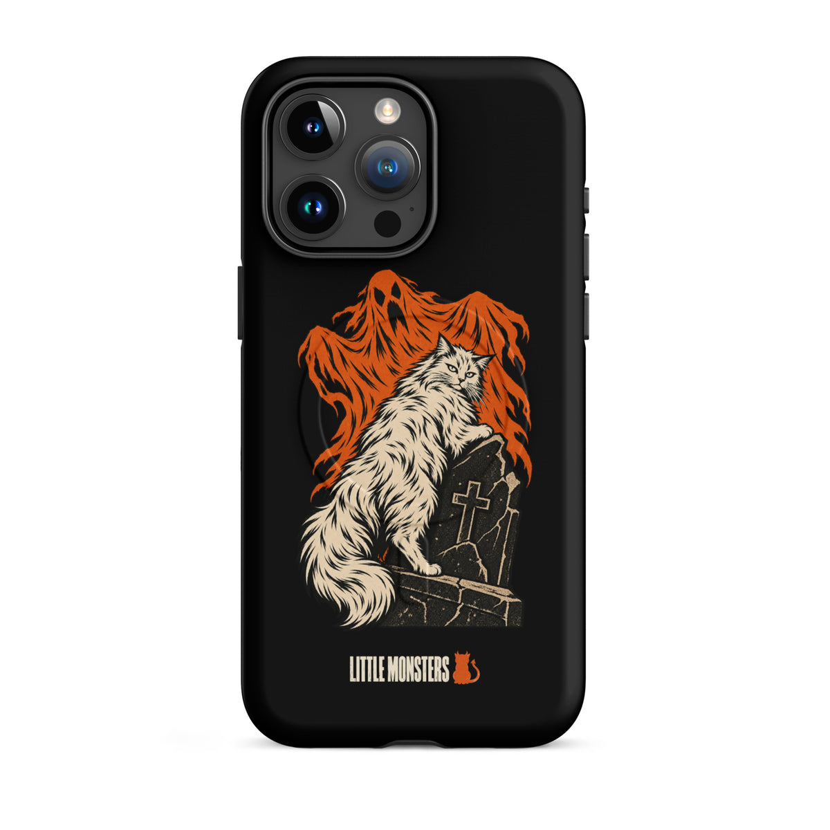 Halloween 2026 graveyard cat MagSafe tough case on an iPhone 15 Pro Max, front view