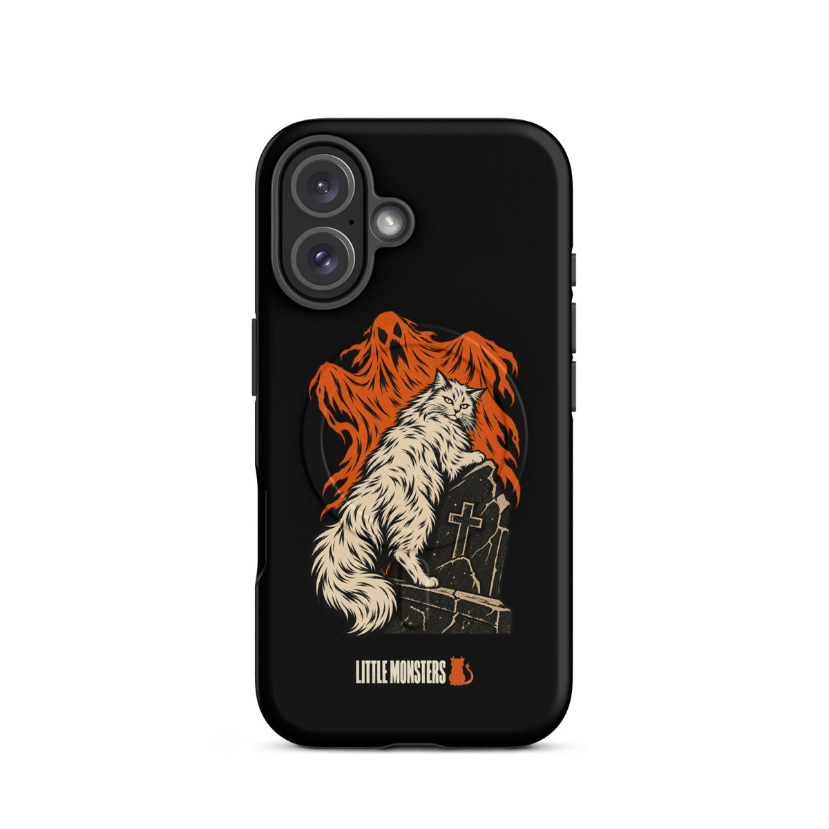 Halloween 2026 graveyard cat MagSafe tough case on an iPhone 16, front view