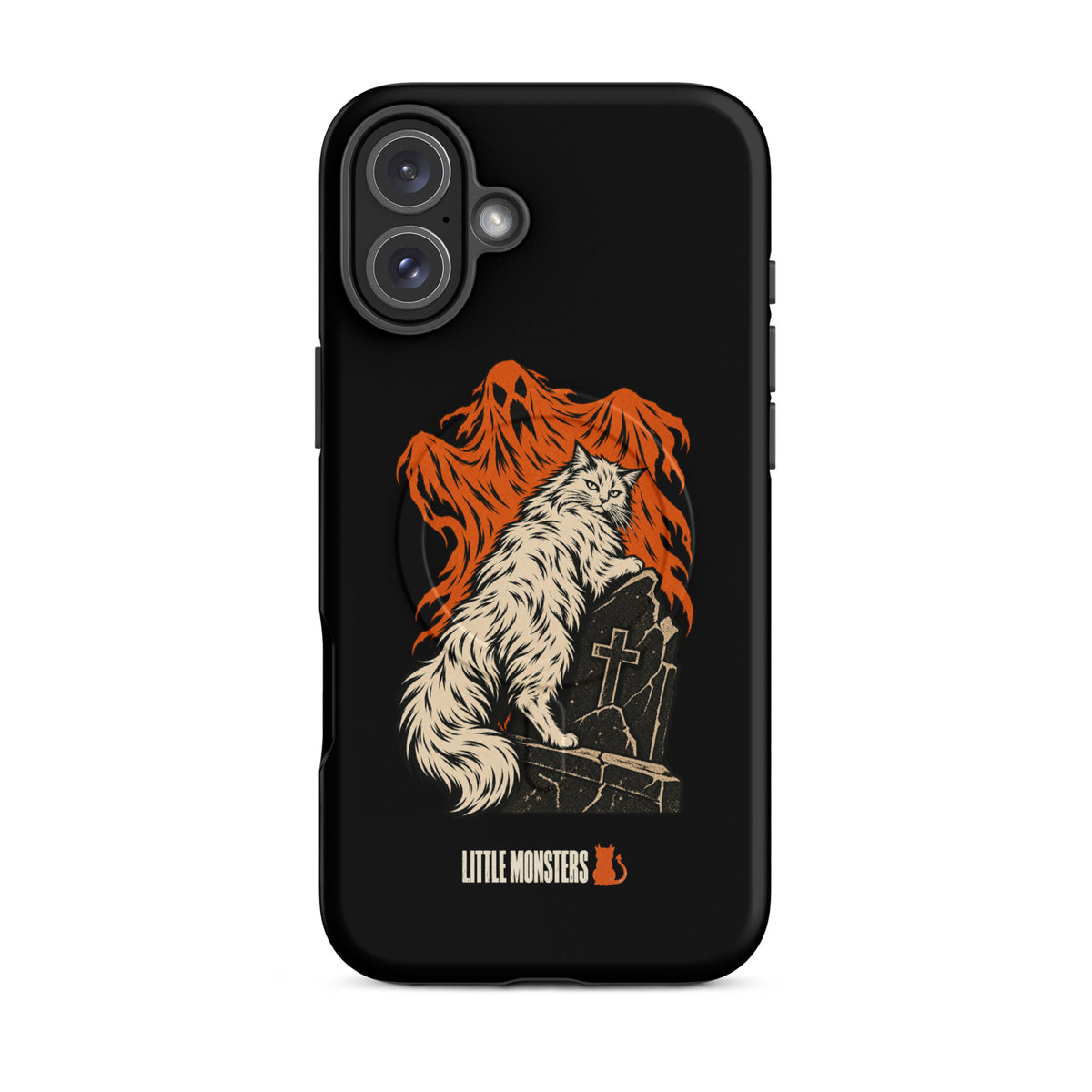 Halloween 2026 graveyard cat MagSafe tough case on an iPhone 16 Plus, front view