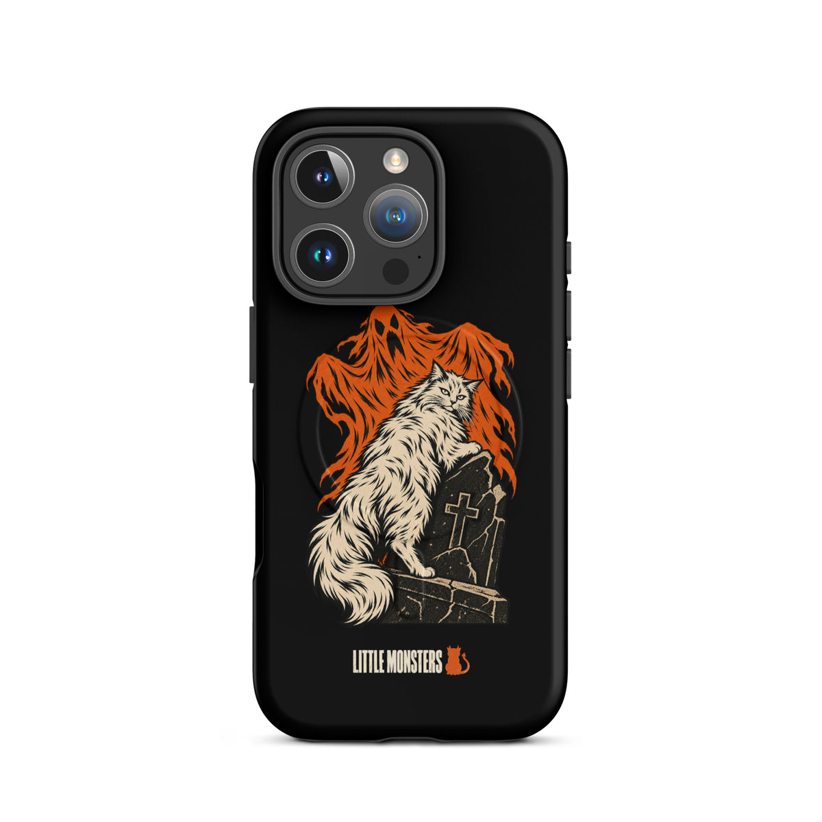 Halloween 2026 graveyard cat MagSafe tough case on an iPhone 16 Pro, front view