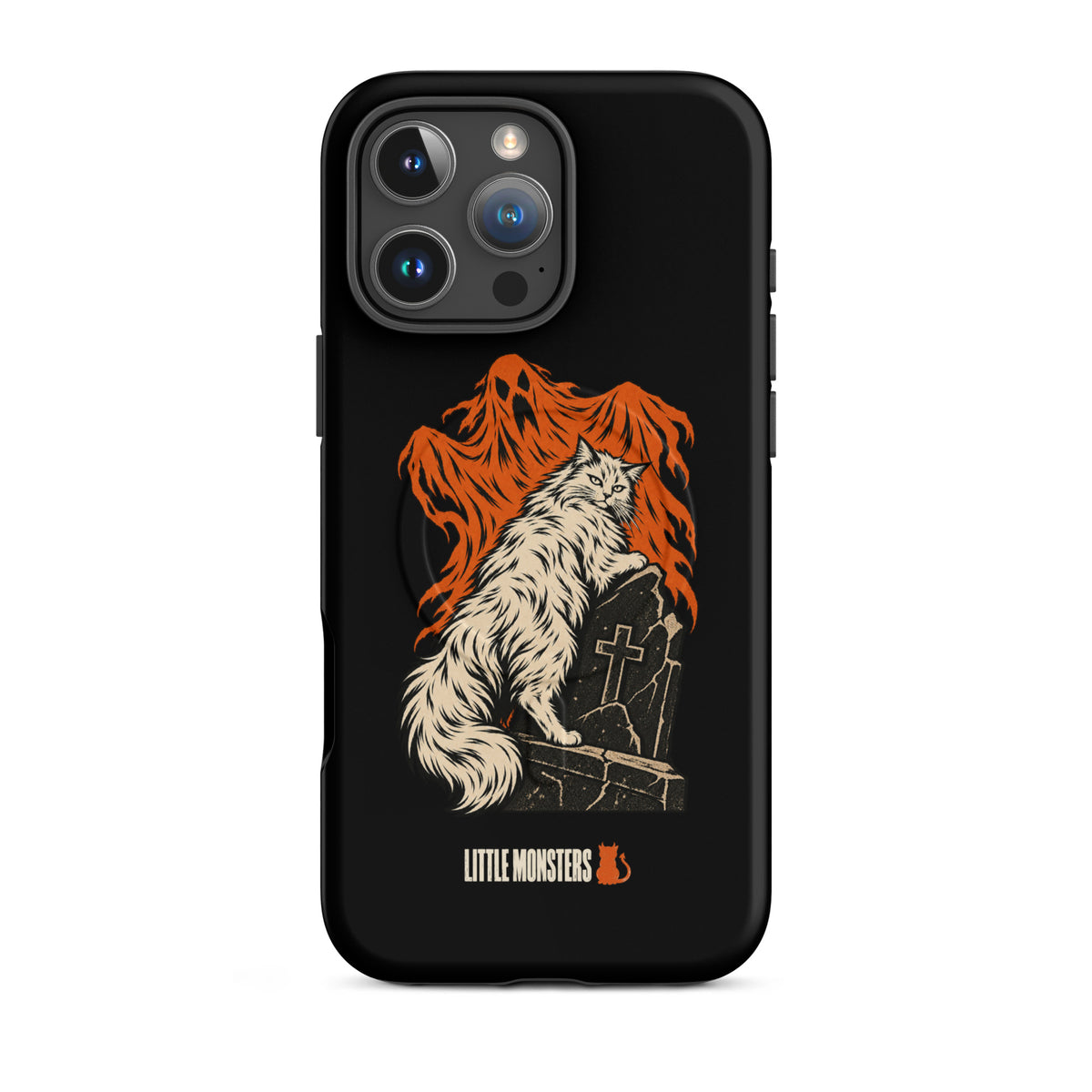 Halloween 2026 graveyard cat MagSafe tough case on an iPhone 16 Pro Max, front view