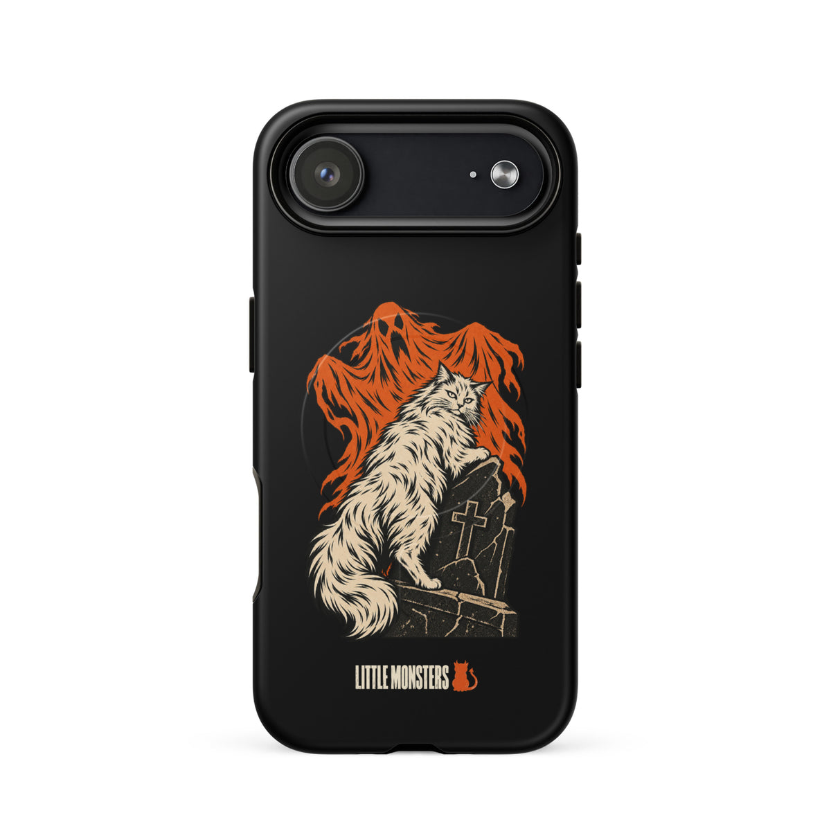 Halloween 2026 graveyard cat MagSafe tough case on an iPhone 17 Air, front view