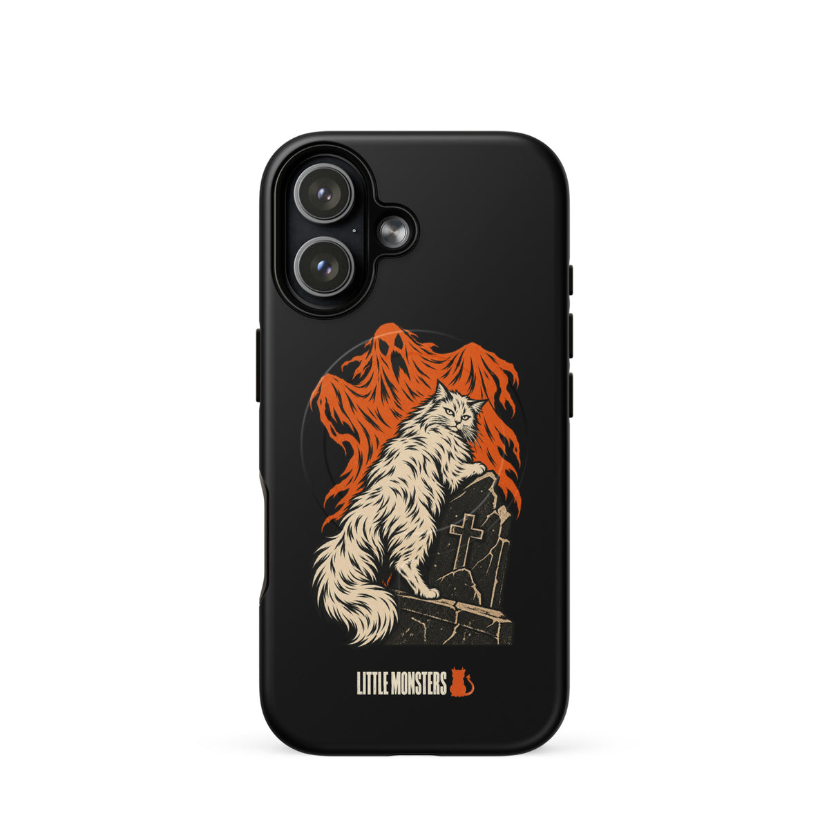 Halloween 2026 graveyard cat MagSafe tough case on an iPhone 17, front view