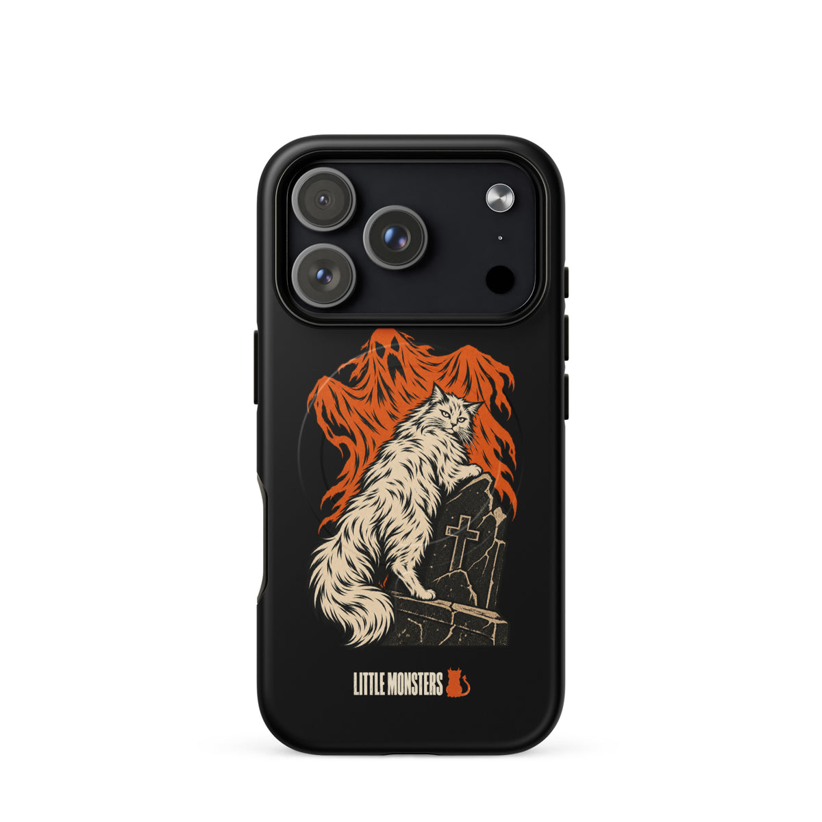 Halloween 2026 graveyard cat MagSafe tough case on an iPhone 17 Pro, front view