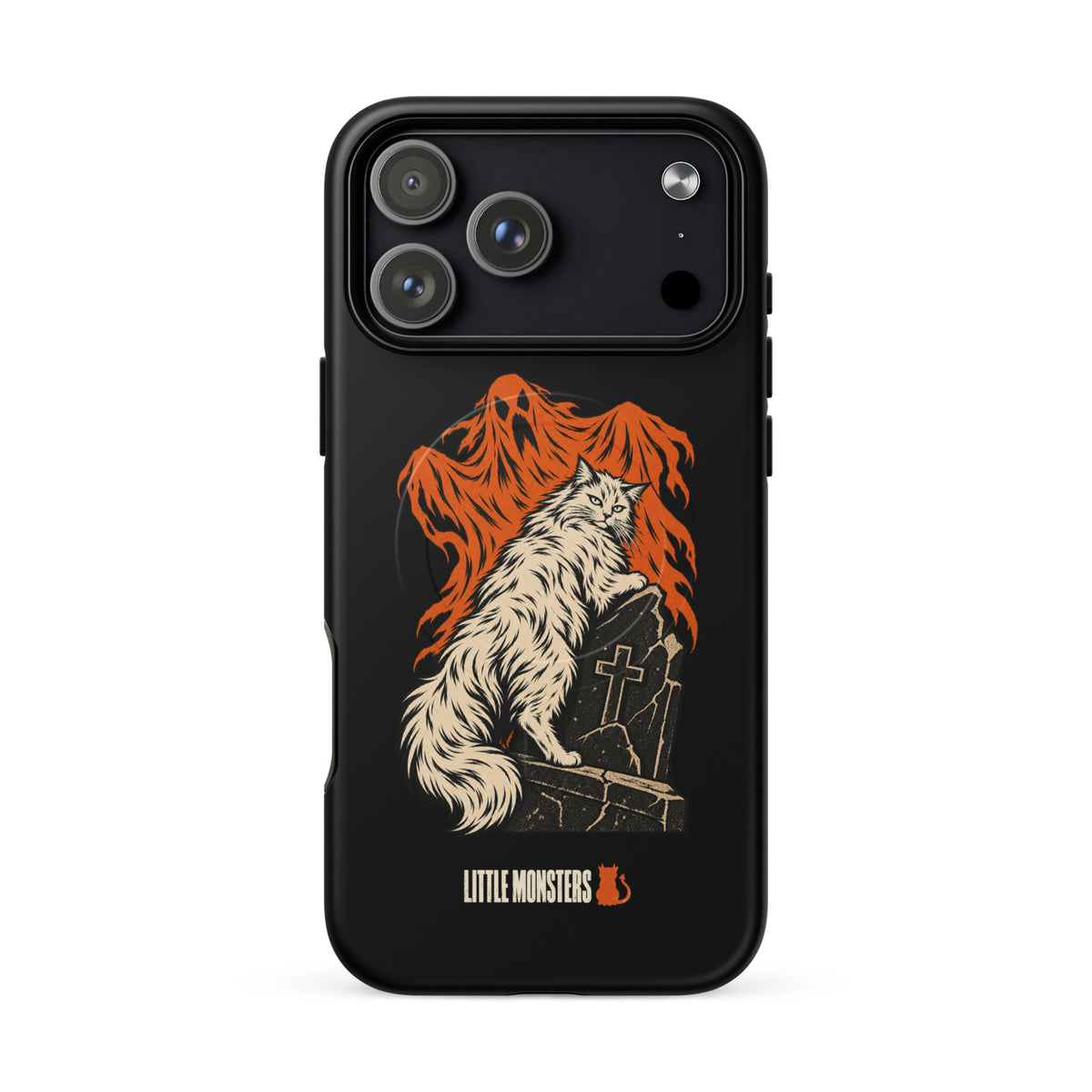 Halloween 2026 graveyard cat MagSafe tough case on an iPhone 17 Pro Max, front view