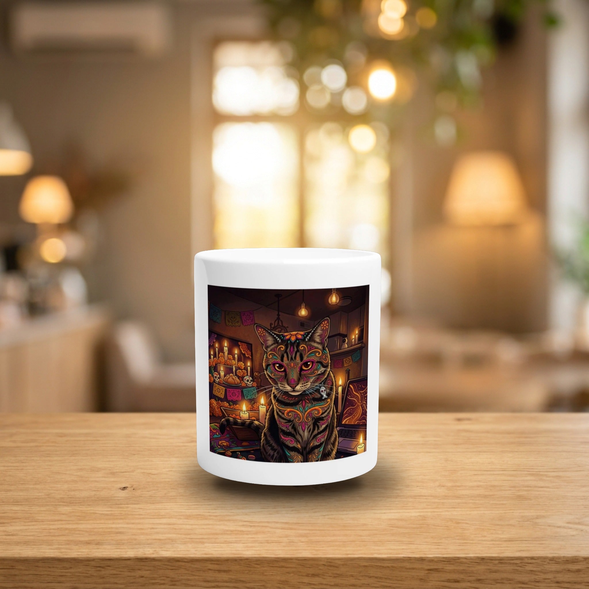 Monster Mug 11oz ceramic with custom cat monster art on a cozy cafe table, lifestyle