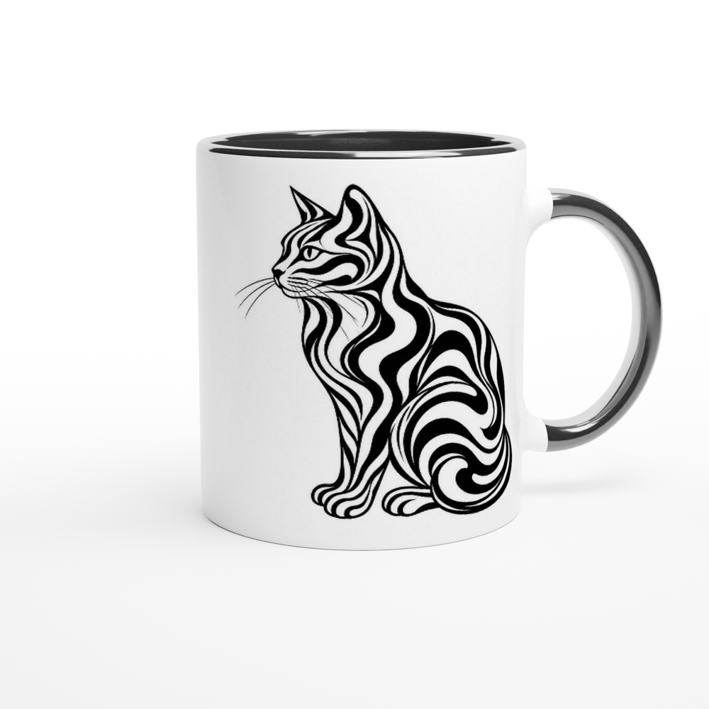 Little Monsters white ceramic mug with black rim and handle, monster cat art facing forward