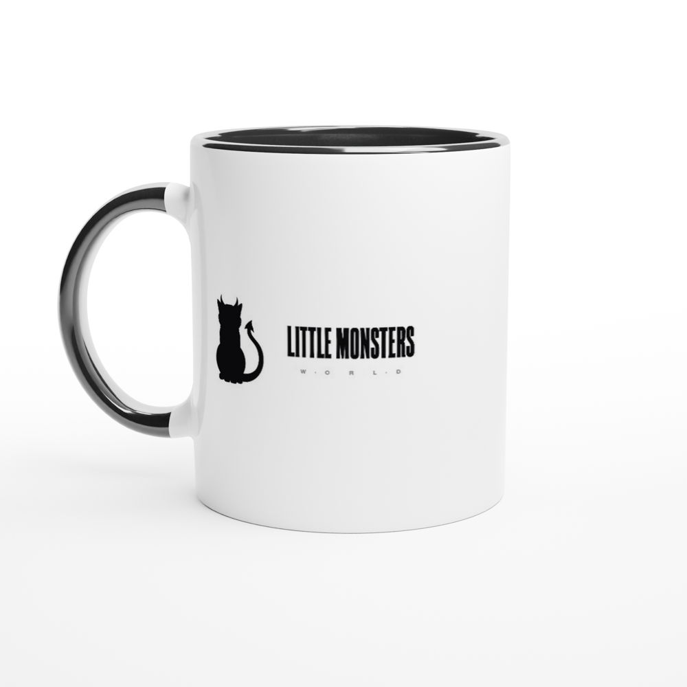Little Monsters white ceramic mug with black rim and handle, Little Monsters World lockup