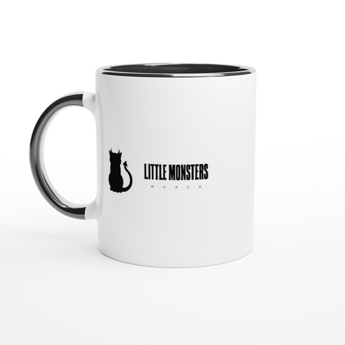Little Monsters white ceramic mug with black rim and handle, Little Monsters World lockup