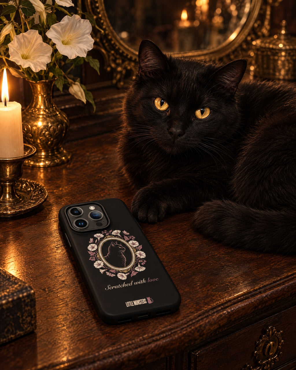 Scratched With Love iPhone case on an antique vanity by candlelight next to a black cat