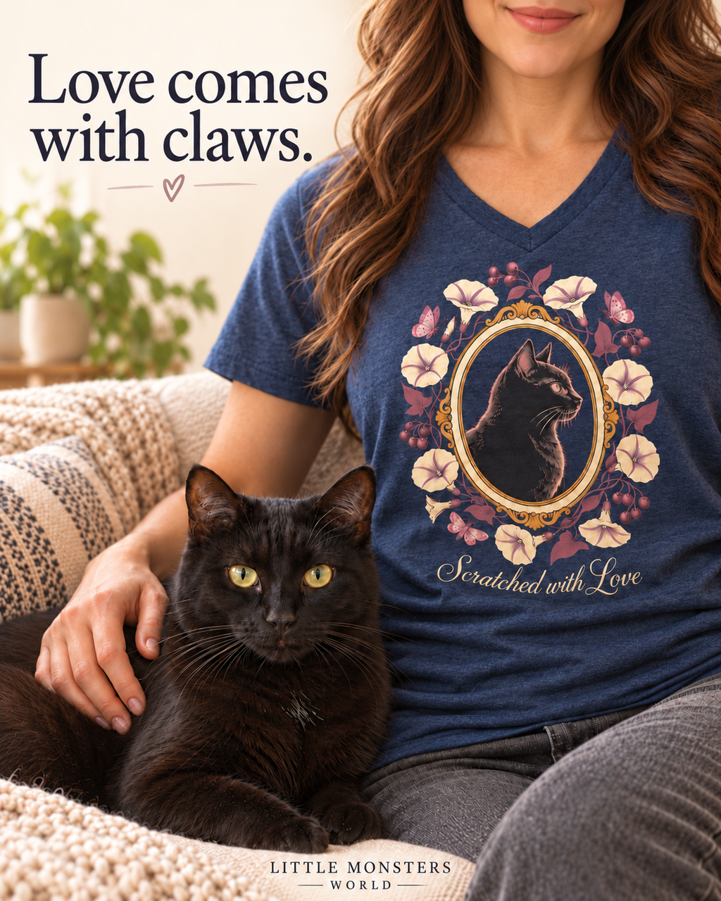 Love comes with claws. A woman wearing the navy Scratched with Love V-neck sits beside a black cat.