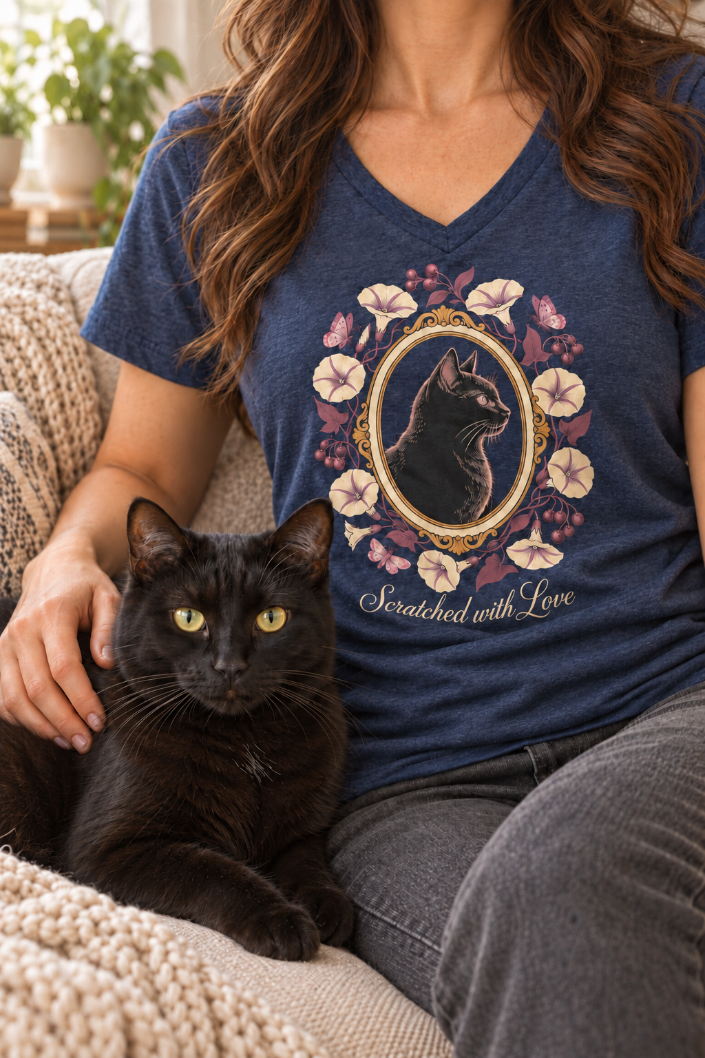 Cozy navy Scratched with Love V-neck lifestyle mockup beside a black cat
