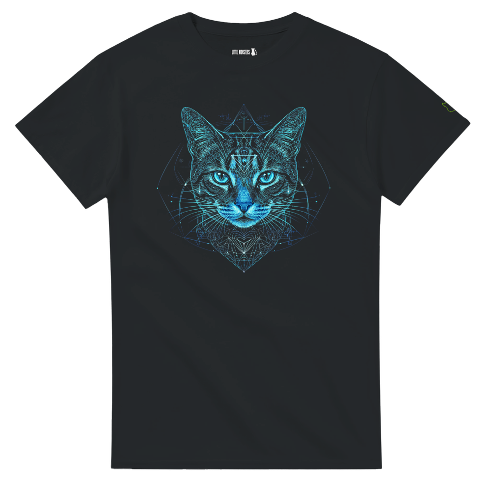 Little Monsters black heavyweight tee with blue geometric monster cat art