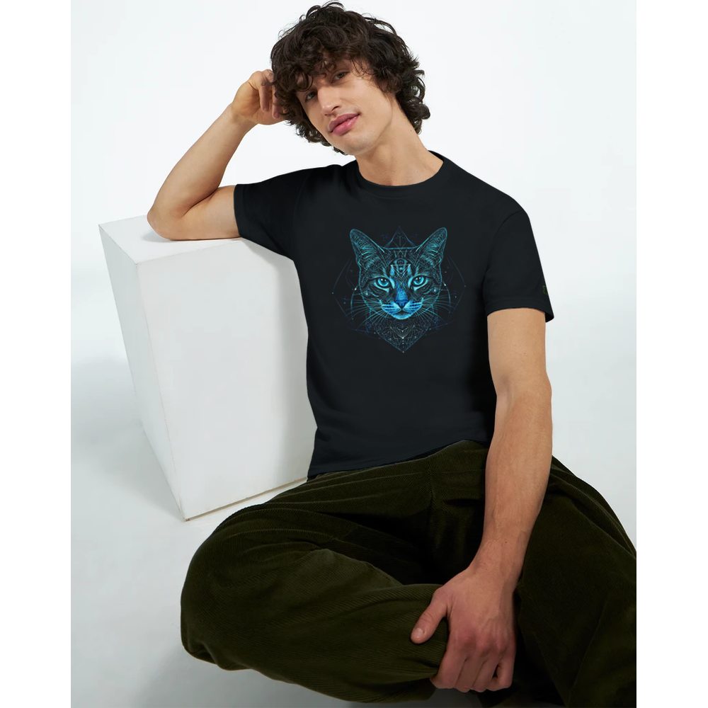 Model wearing the Little Monsters black heavyweight tee with blue geometric monster cat art