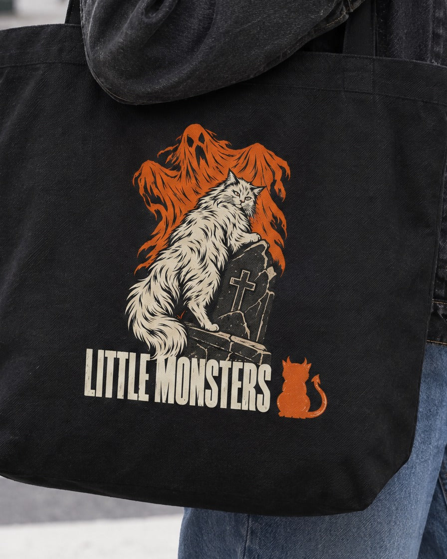 Detail: close-up of the graveyard cat print on the Little Monsters Halloween tote