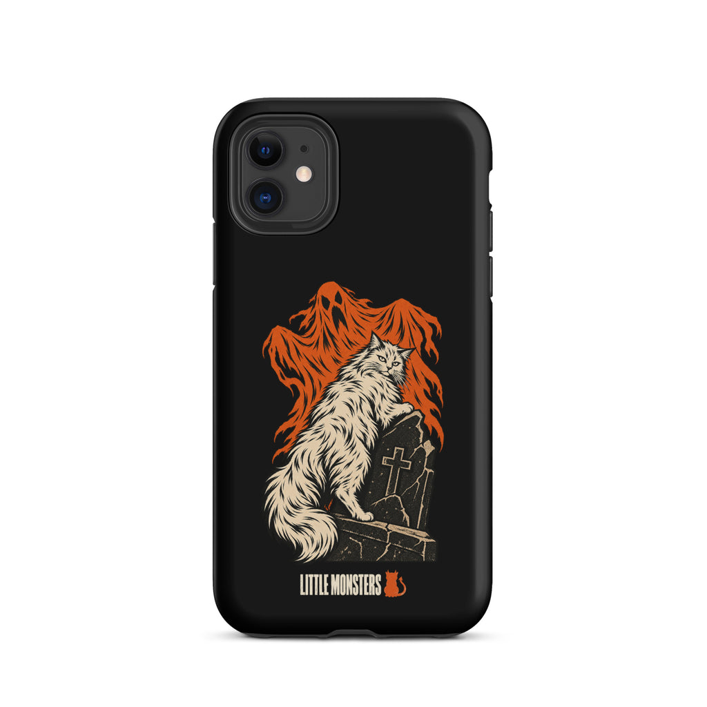 Halloween 2026 graveyard cat tough case on an iPhone 11, front view