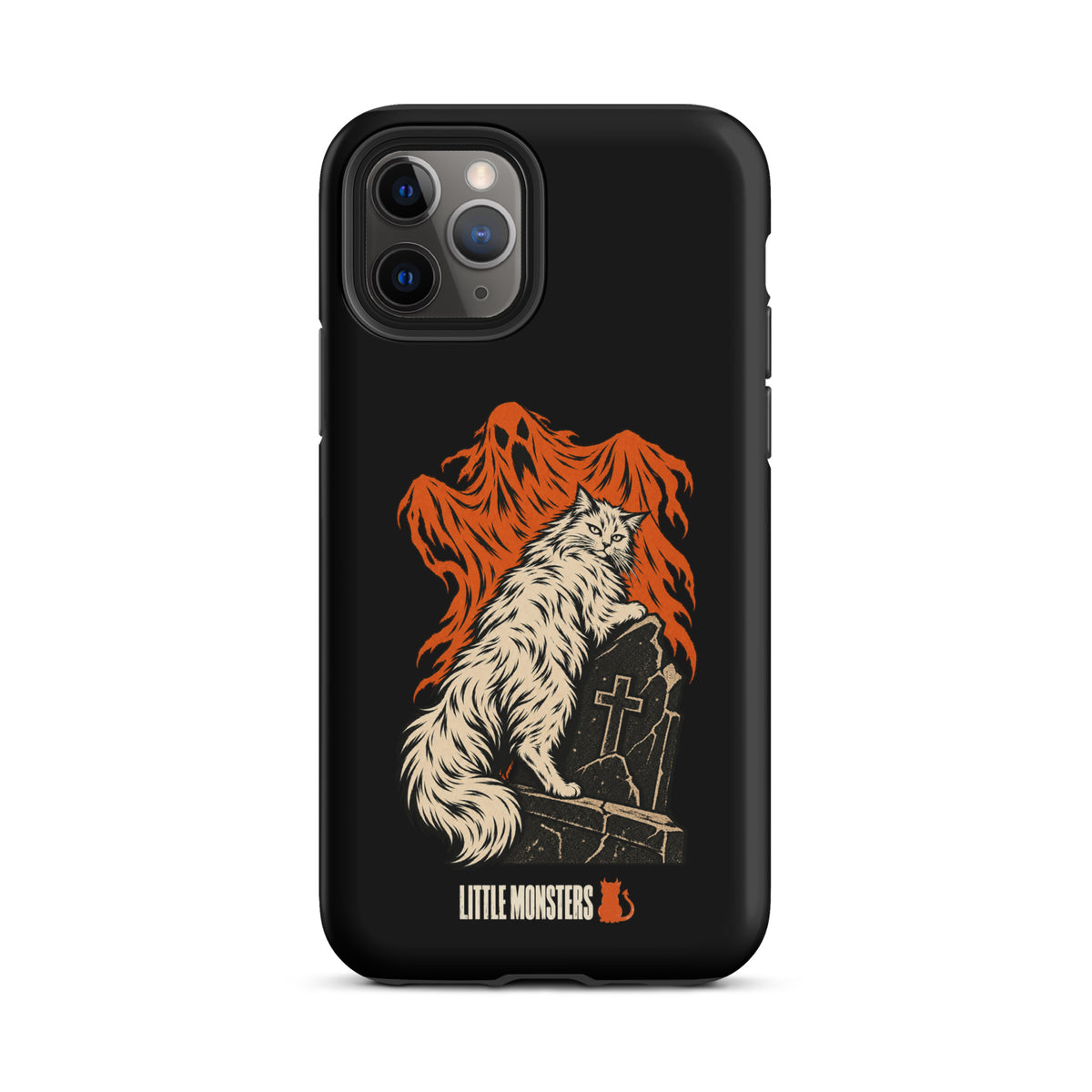 Halloween 2026 graveyard cat tough case on an iPhone 11 Pro, front view