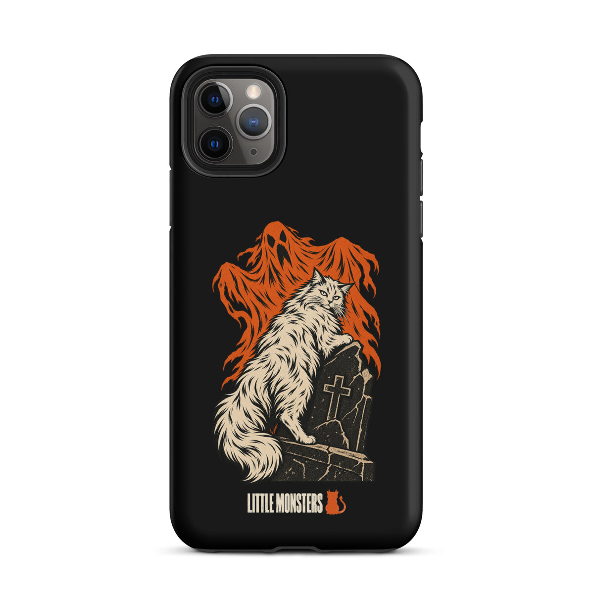 Halloween 2026 graveyard cat tough case on an iPhone 11 Pro Max, front view