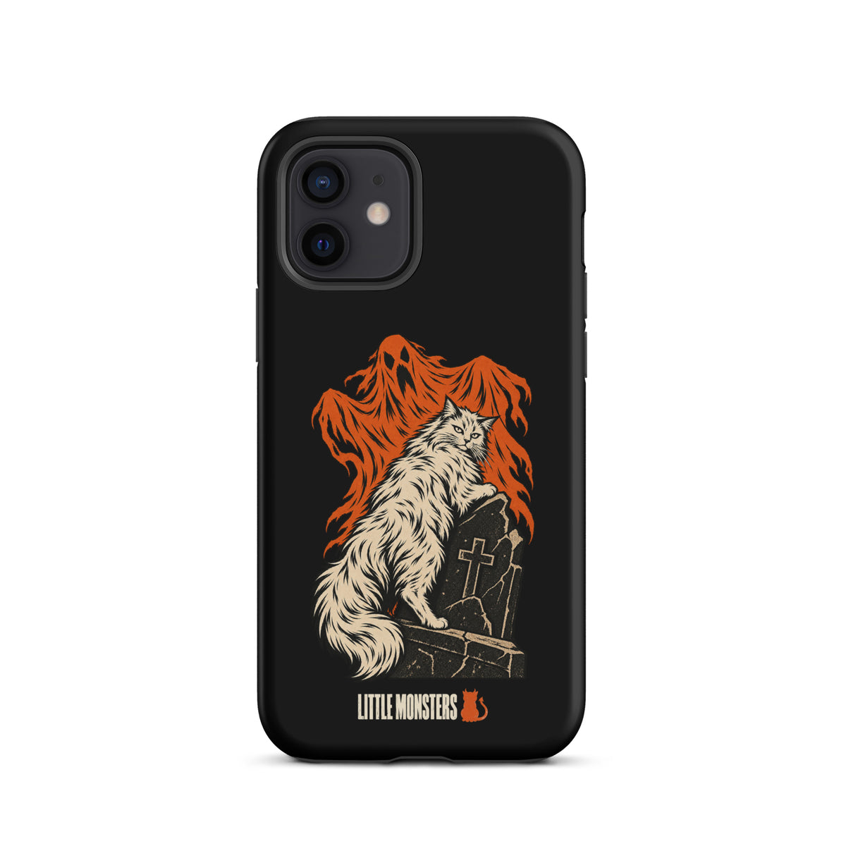 Halloween 2026 graveyard cat tough case on an iPhone 12, front view