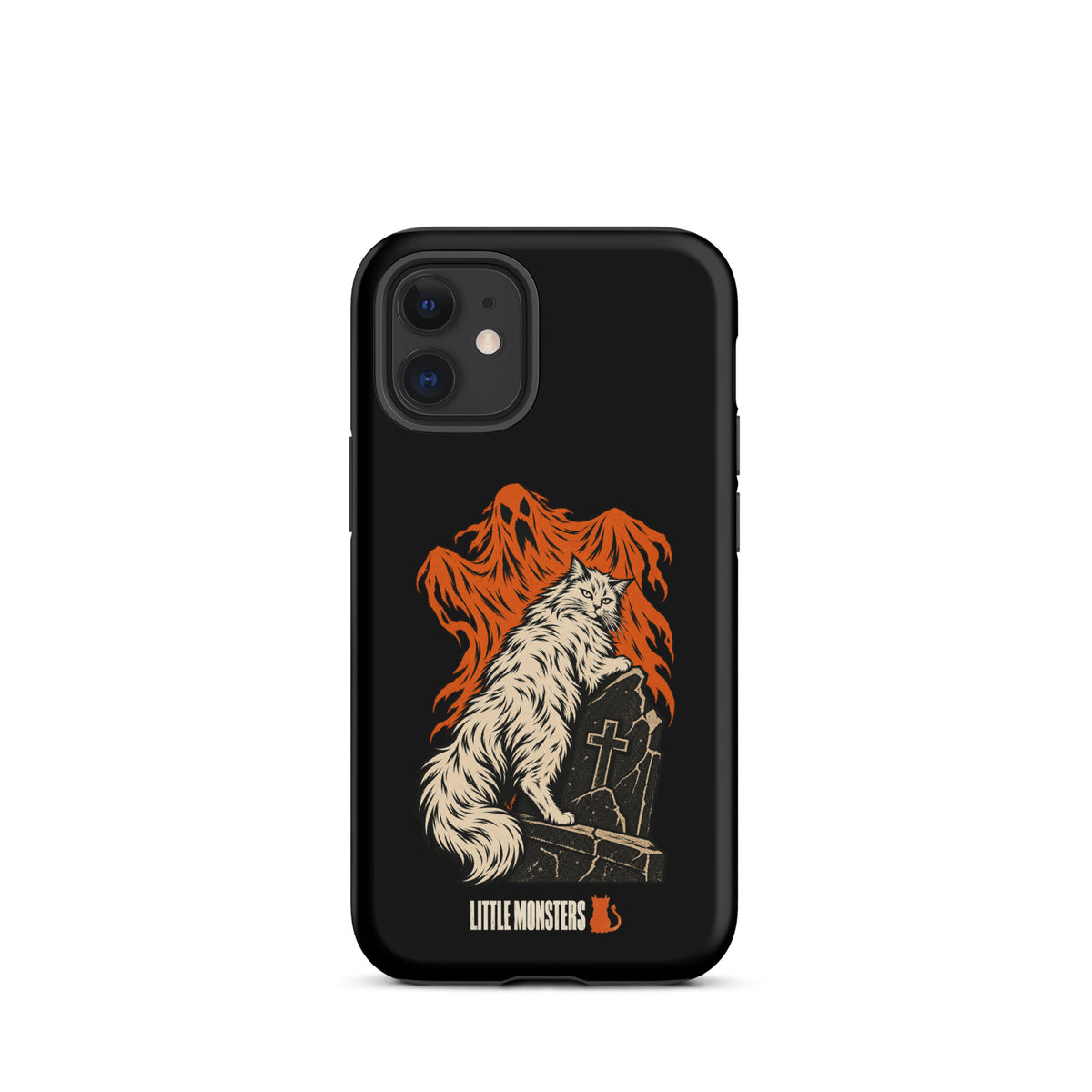 Halloween 2026 graveyard cat tough case on an iPhone 12 mini, front view
