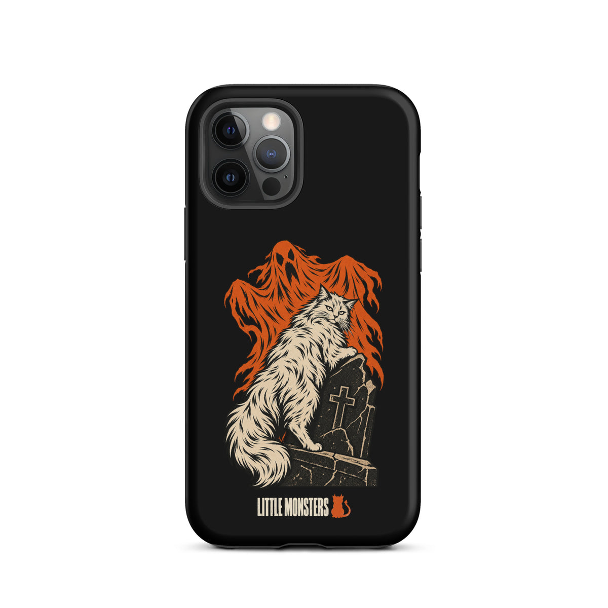 Halloween 2026 graveyard cat tough case on an iPhone 12 Pro, front view