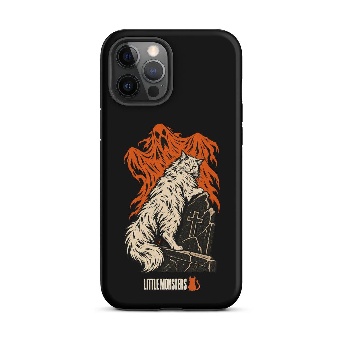 Halloween 2026 graveyard cat tough case on an iPhone 12 Pro Max, front view