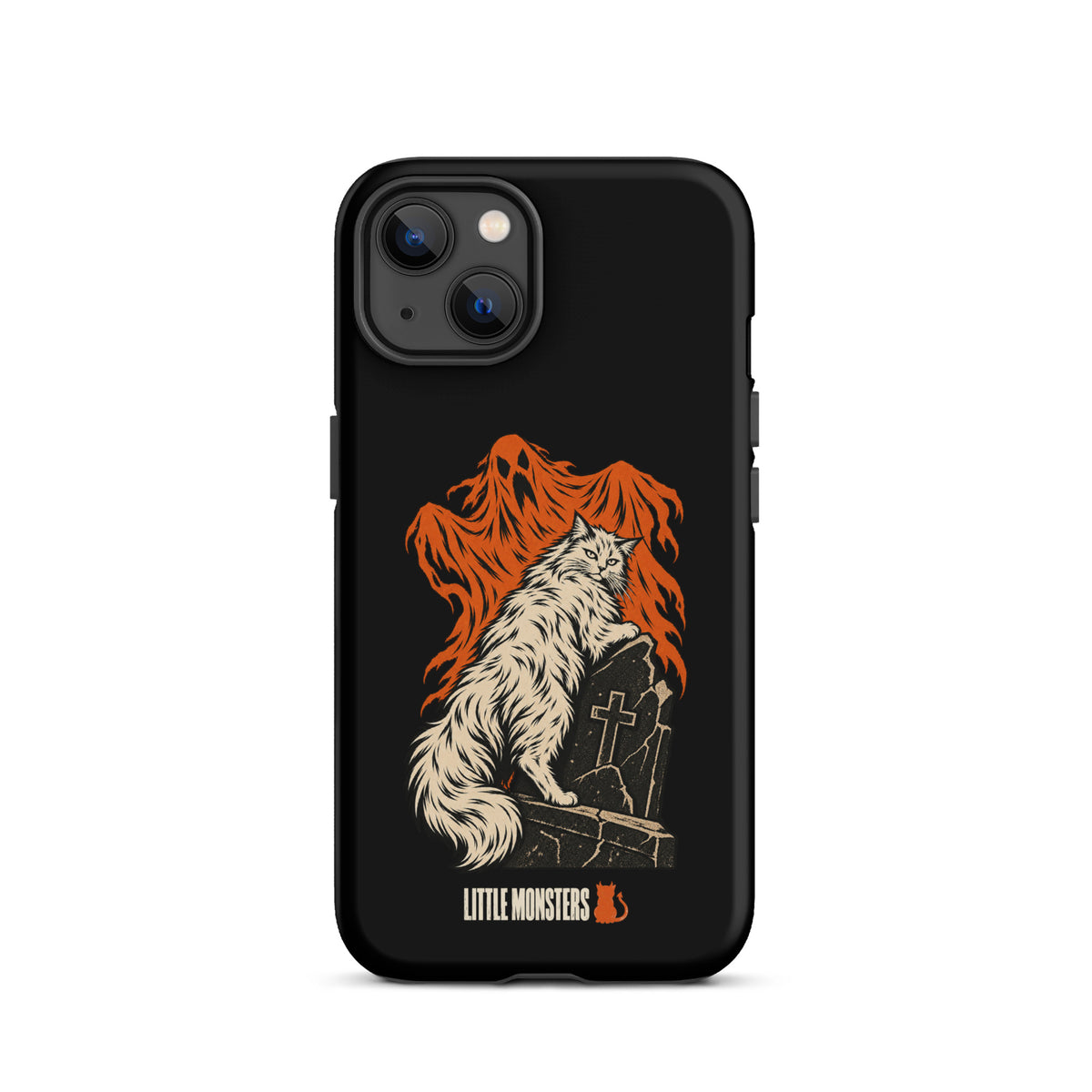 Halloween 2026 graveyard cat tough case on an iPhone 13, front view