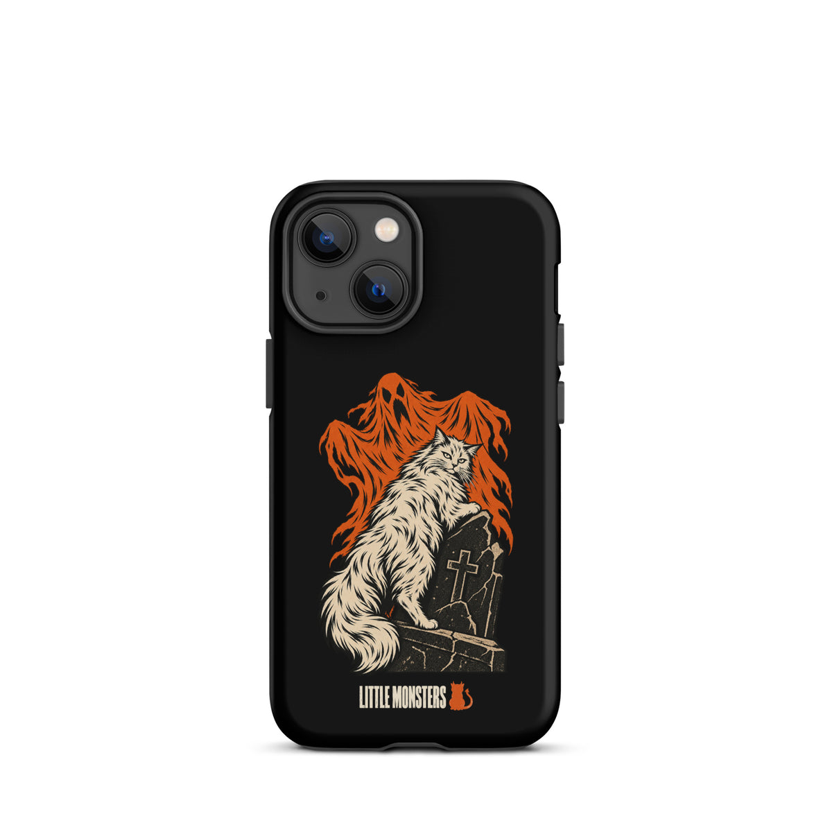 Halloween 2026 graveyard cat tough case on an iPhone 13 mini, front view