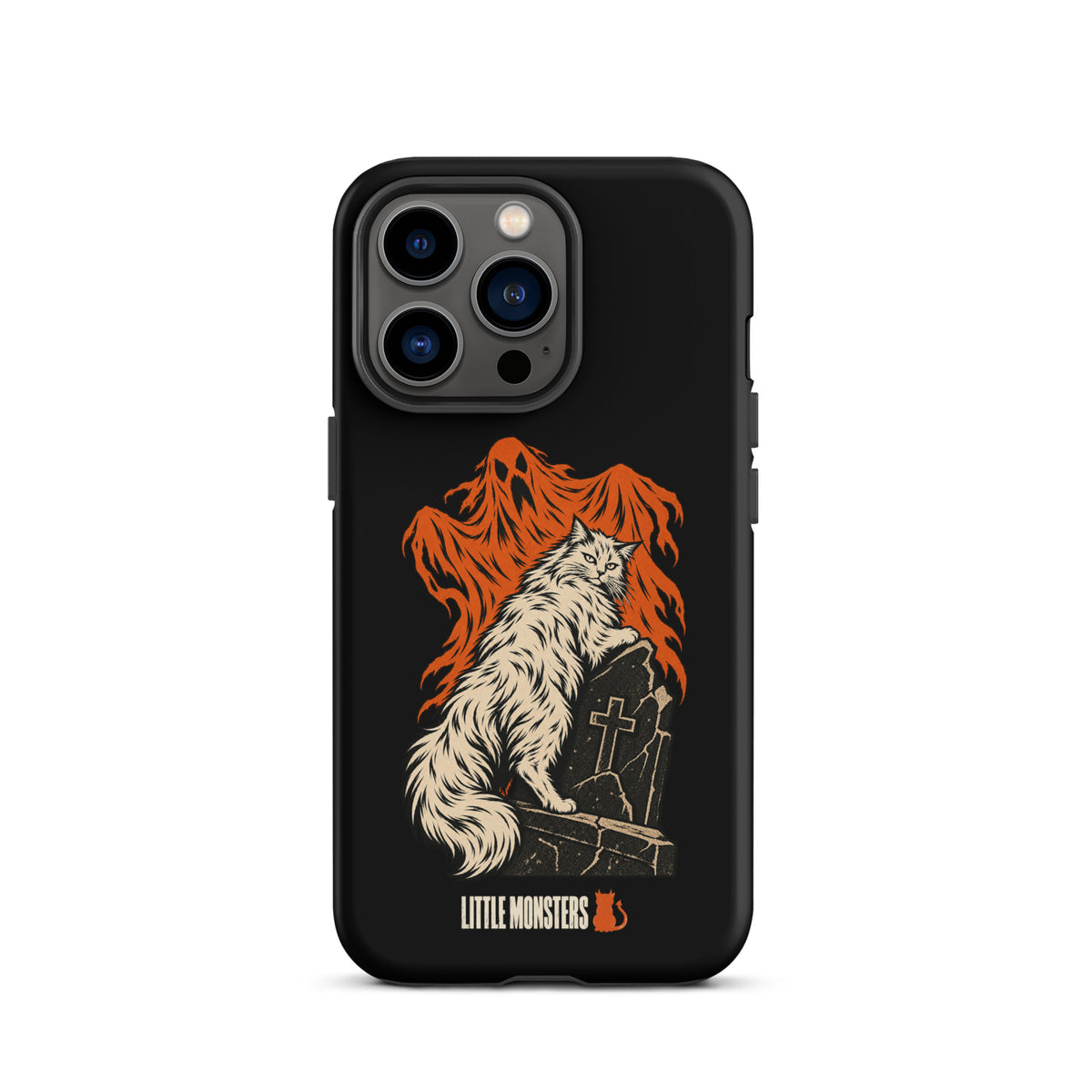 Halloween 2026 graveyard cat tough case on an iPhone 13 Pro, front view
