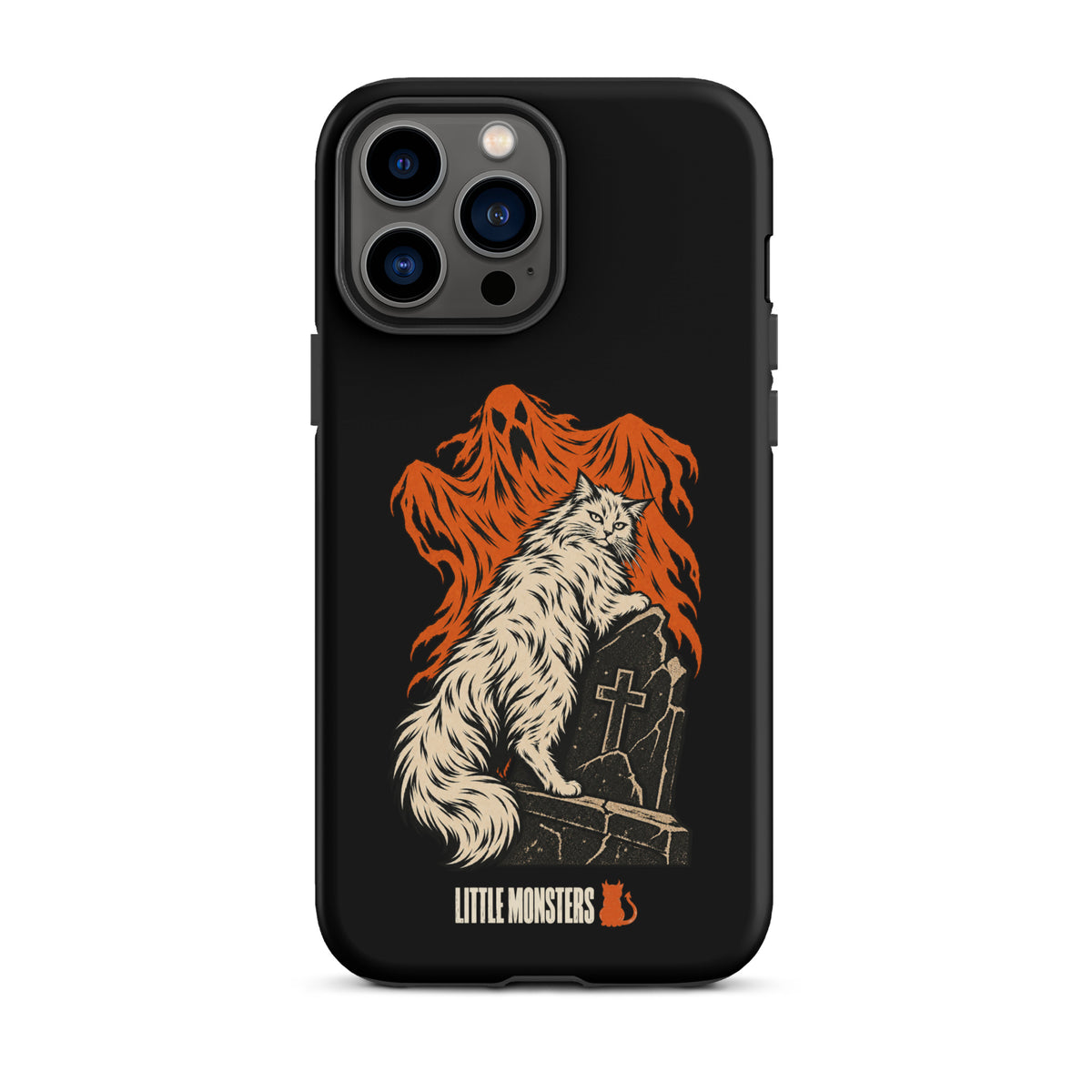 Halloween 2026 graveyard cat tough case on an iPhone 13 Pro Max, front view