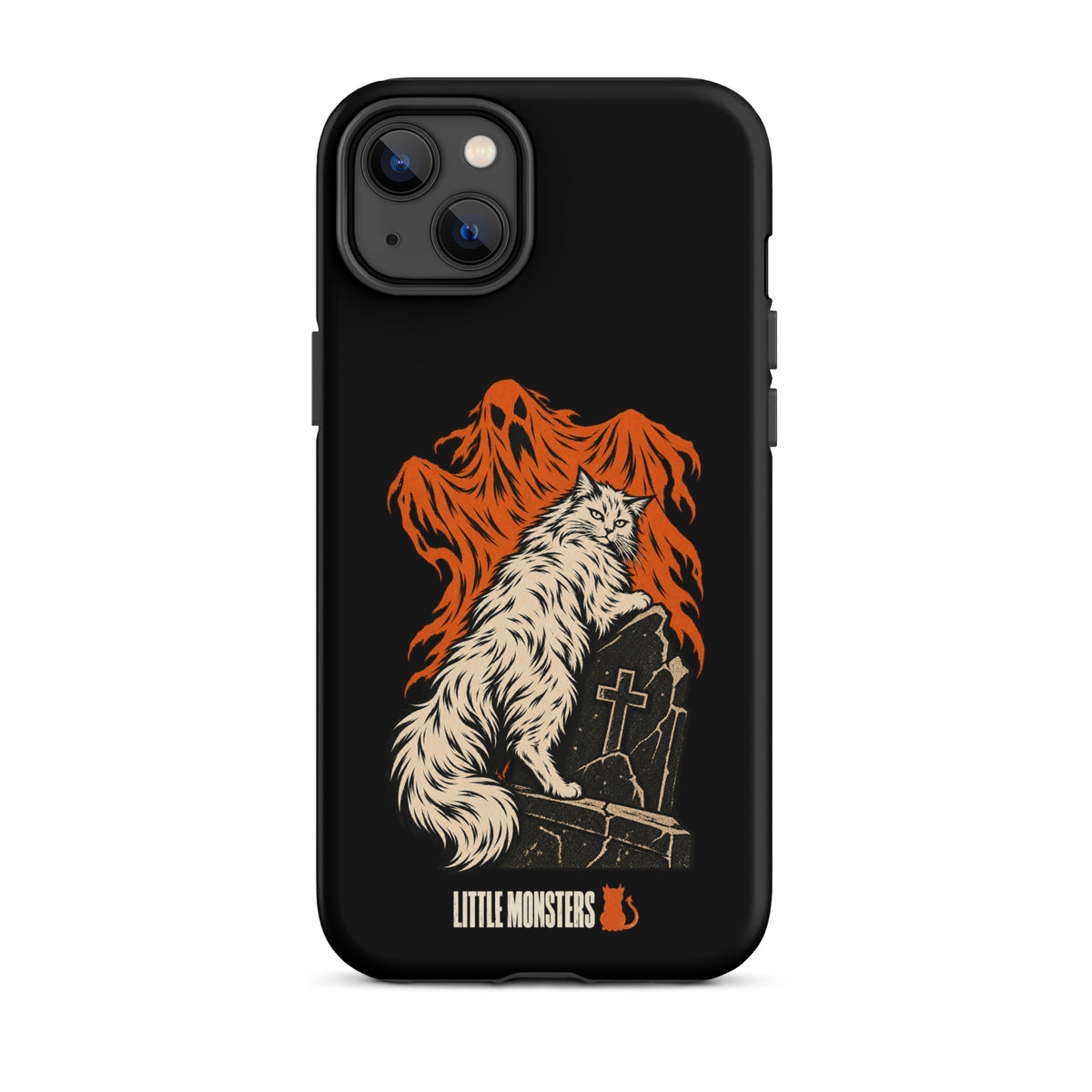 Halloween 2026 graveyard cat tough case on an iPhone 14 Plus, front view