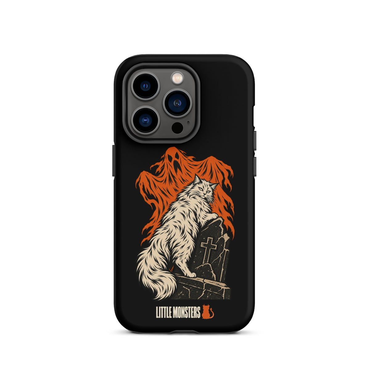 Halloween 2026 graveyard cat tough case on an iPhone 14 Pro, front view