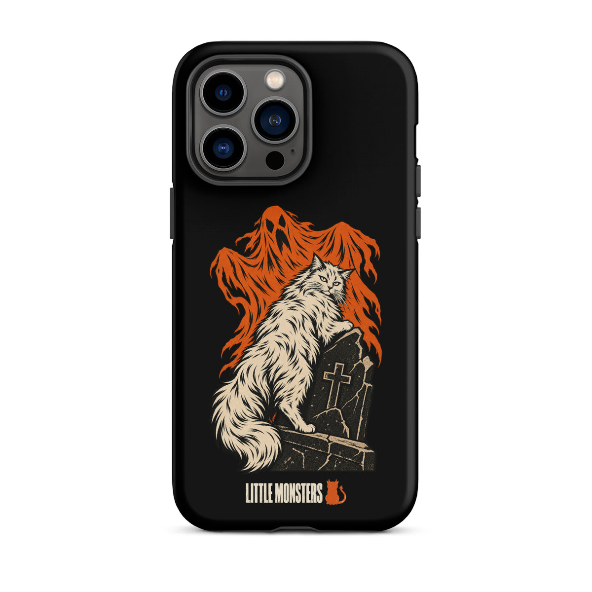 Halloween 2026 graveyard cat tough case on an iPhone 14 Pro Max, front view