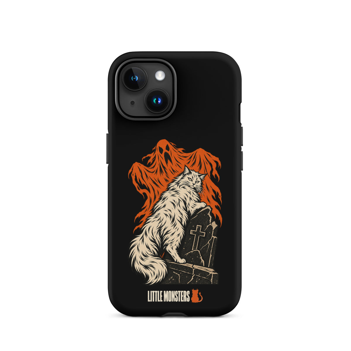 Halloween 2026 graveyard cat tough case on an iPhone 15, front view