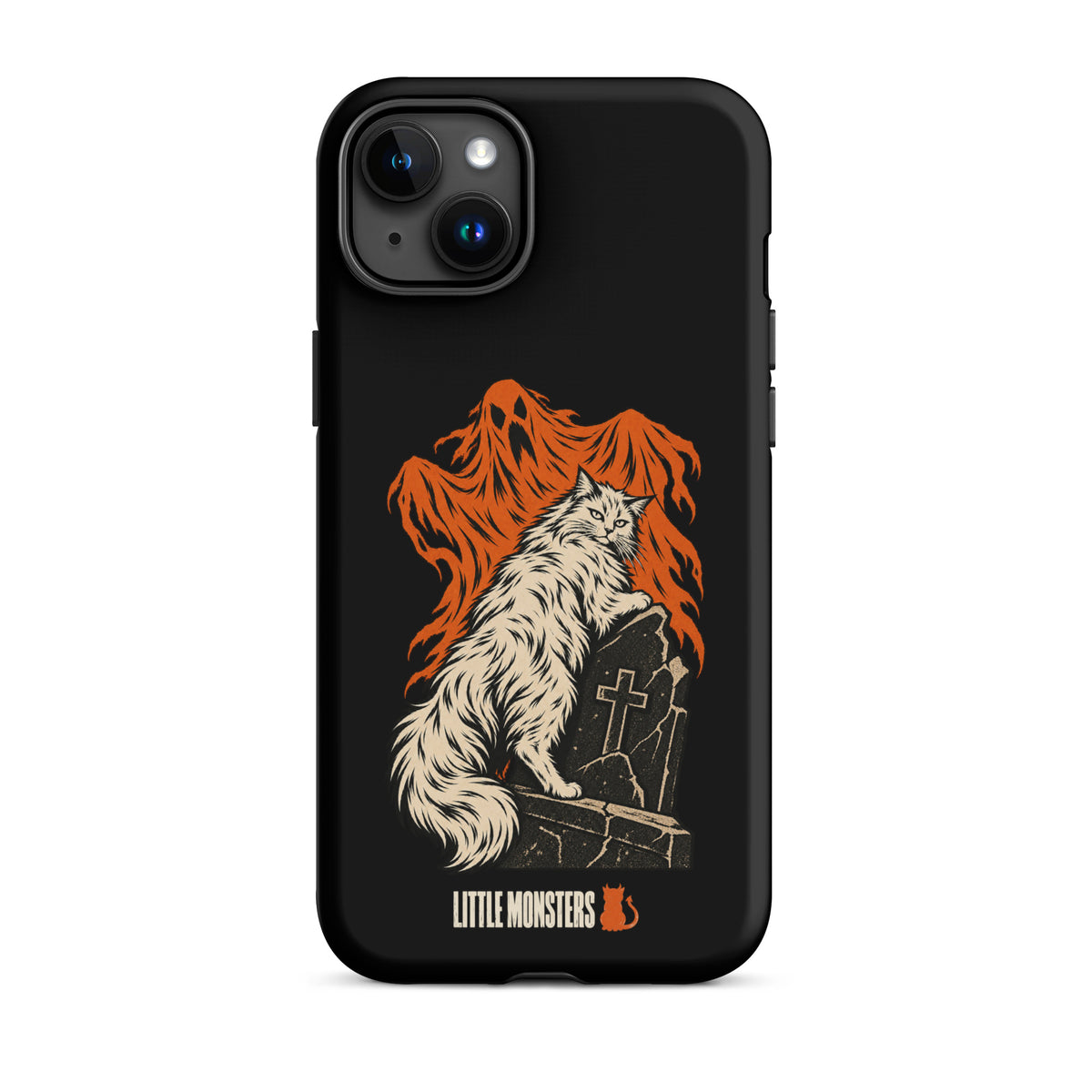 Halloween 2026 graveyard cat tough case on an iPhone 15 Plus, front view