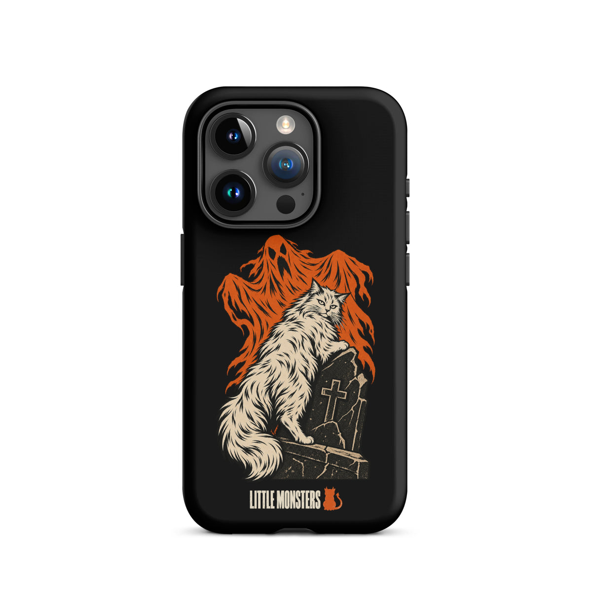 Halloween 2026 graveyard cat tough case on an iPhone 15 Pro, front view