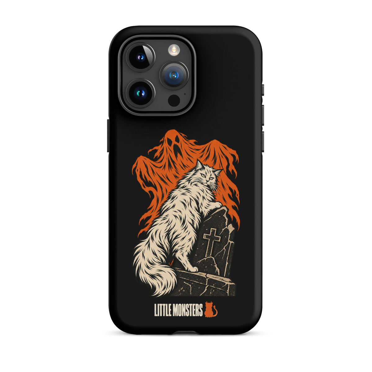 Halloween 2026 graveyard cat tough case on an iPhone 15 Pro Max, front view