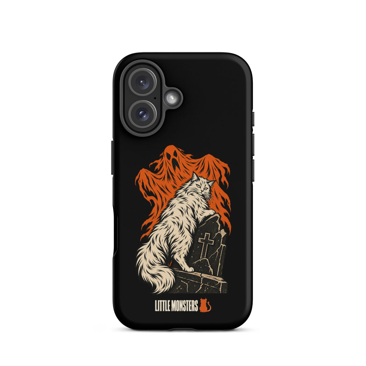 Halloween 2026 graveyard cat tough case on an iPhone 16, front view