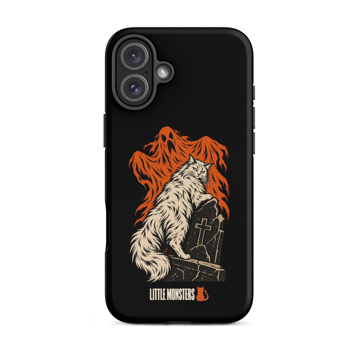 Halloween 2026 graveyard cat tough case on an iPhone 16 Plus, front view
