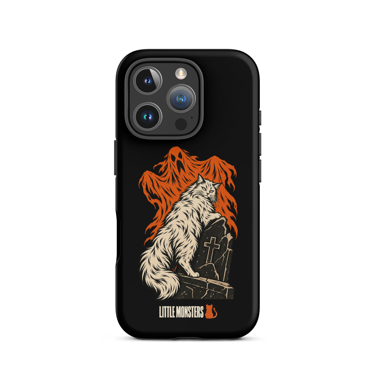 Halloween 2026 graveyard cat tough case on an iPhone 16 Pro, front view