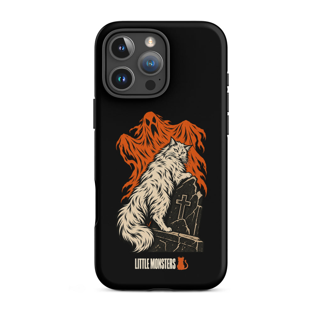 Halloween 2026 graveyard cat tough case on an iPhone 16 Pro Max, front view