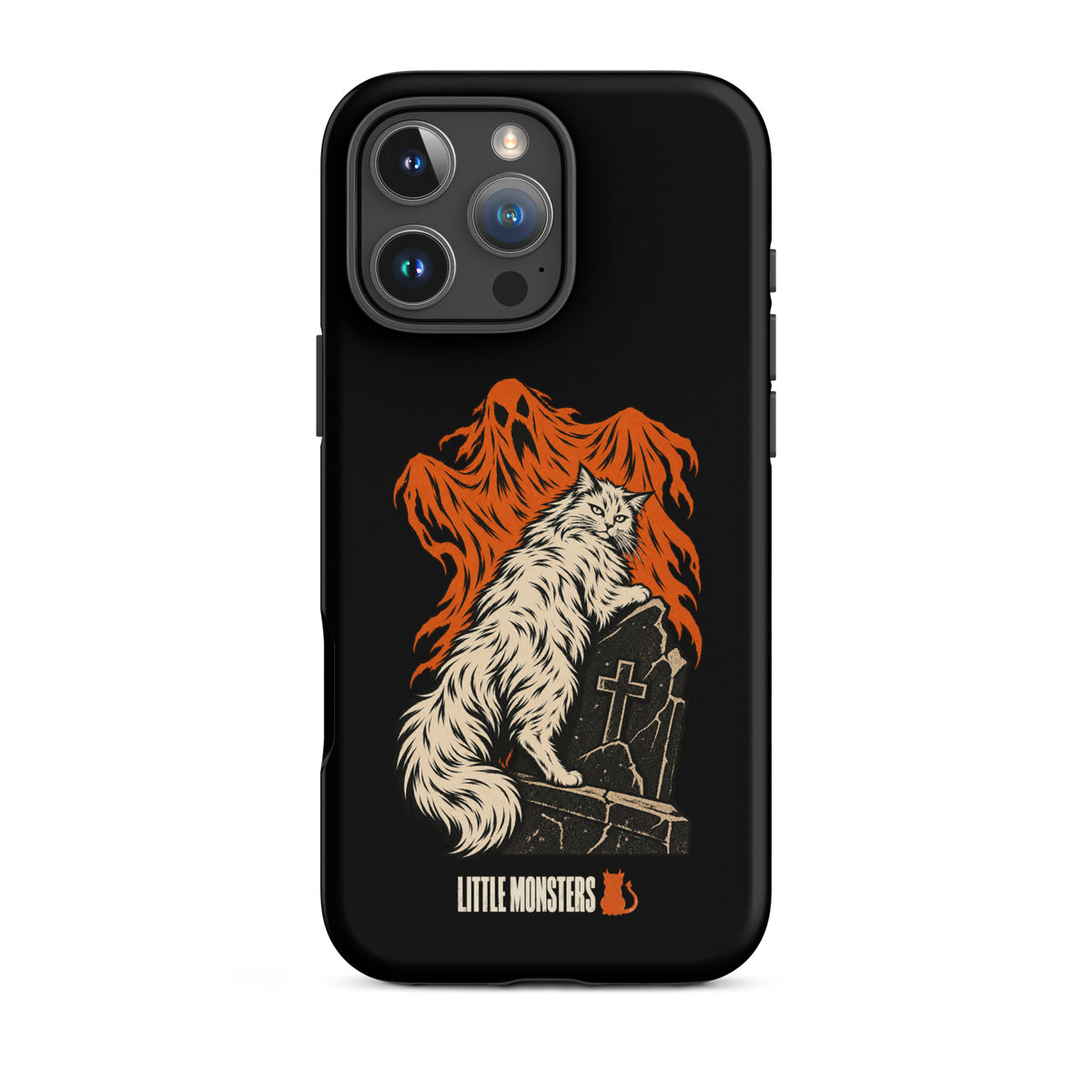 Halloween 2026 graveyard cat tough case on an iPhone 16 Pro Max, front view