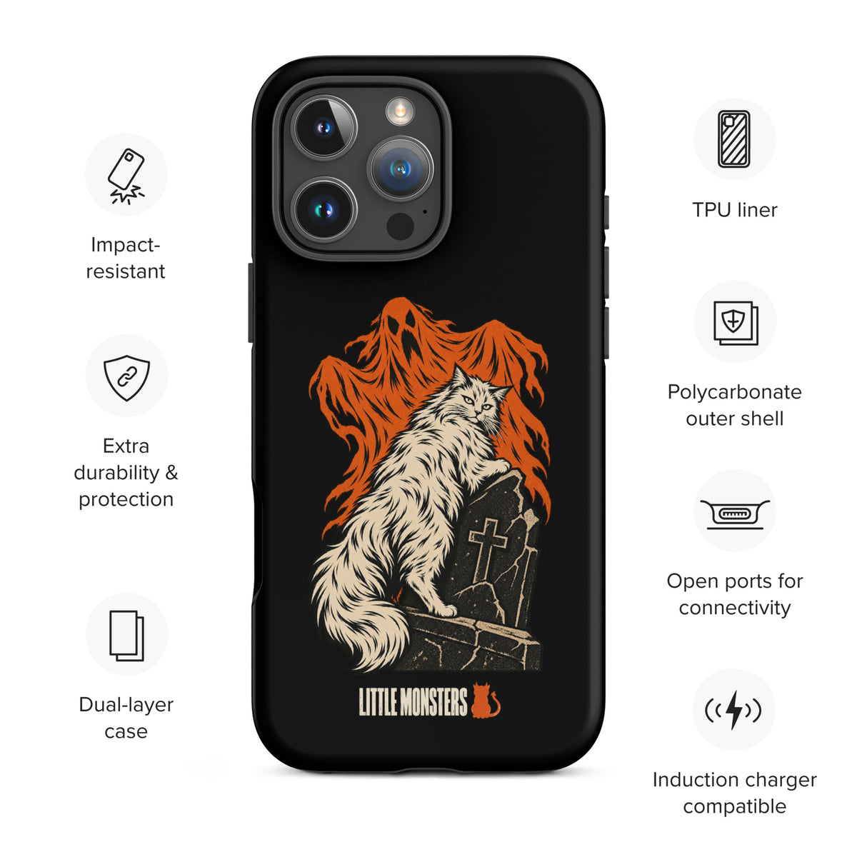 Halloween 2026 graveyard cat tough case on an iPhone 16 Pro Max, front view