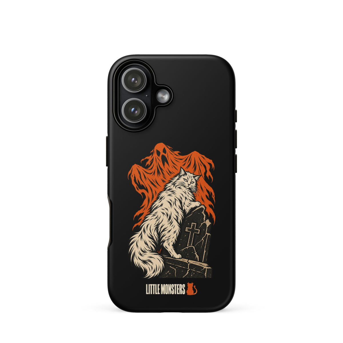 Halloween 2026 graveyard cat tough case on an iPhone 17, front view
