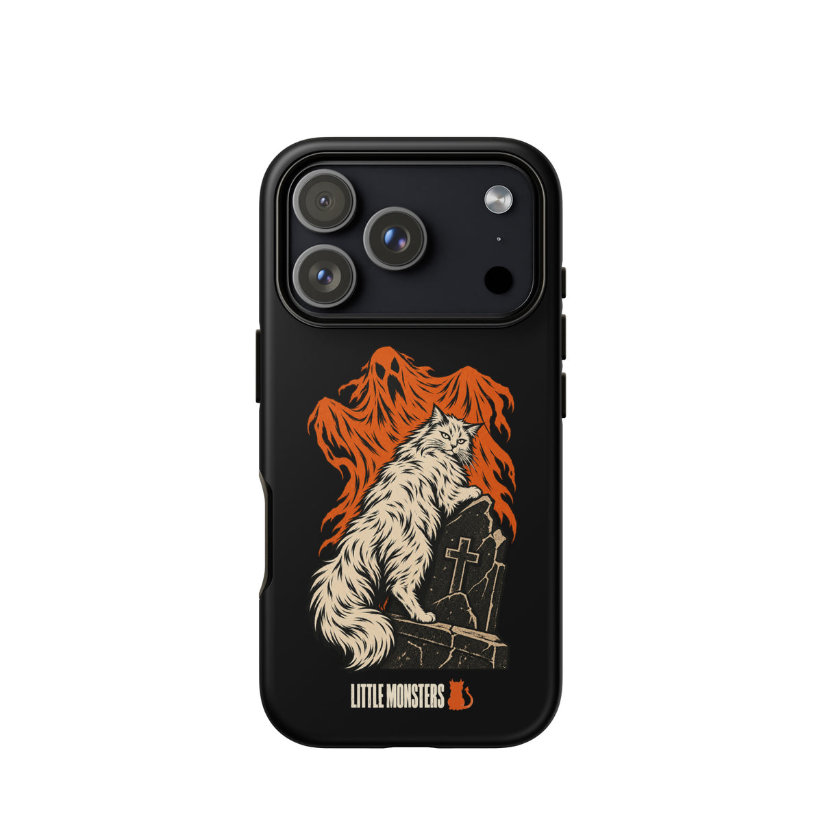 Halloween 2026 graveyard cat tough case on an iPhone 18 Pro, front view